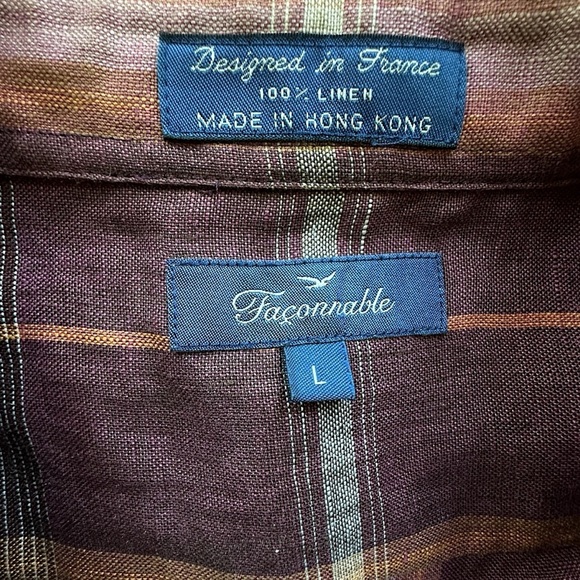 FACONNABLE | PURE LINEN TUNIC SHIRT PLAID LONG SLEEVE BUTTON FRONT PLUM | LARGE - Picture 9 of 9